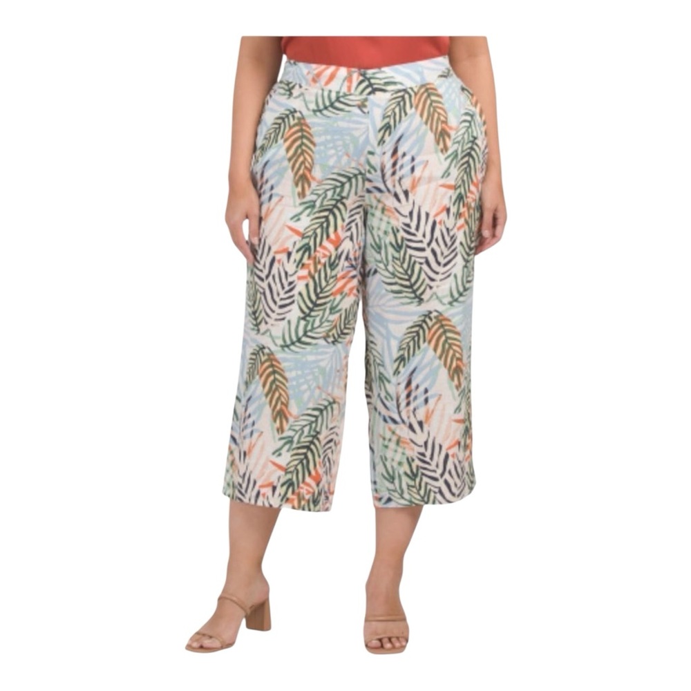 Tahari Linen Wide Leg Tropical Print Crop Pant Resortwear Vacation